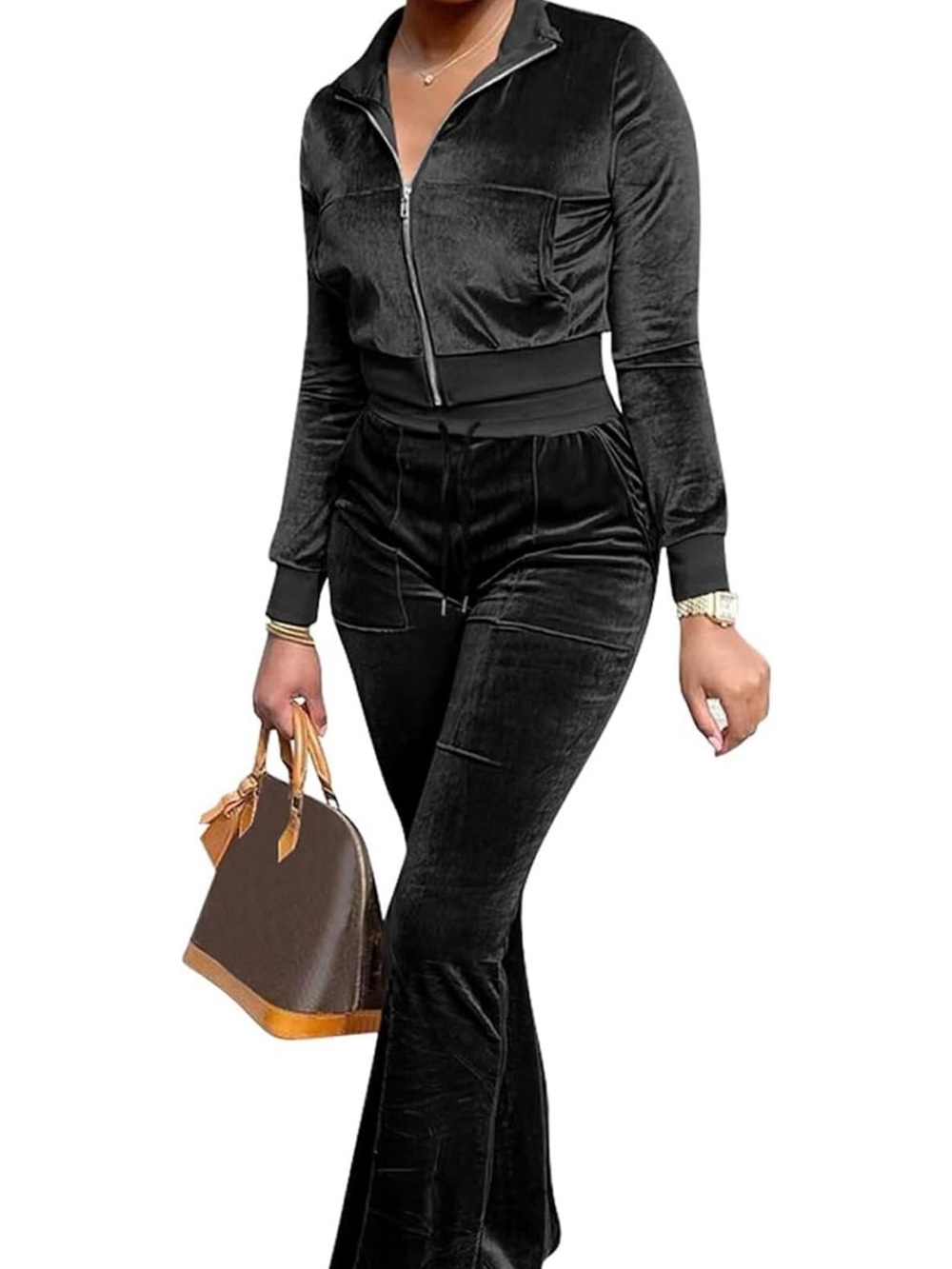 Velvet Zip-Up Women Jeans Tracksuit - Black